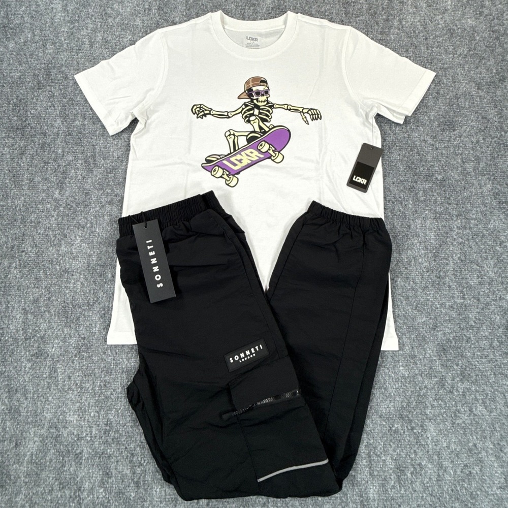 LCKR Sonneti Boys L 14-16 Skateboard Skeleton Tee Cargo Joggers Set NWT
